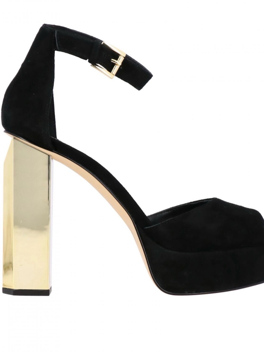 Michael Kors Black Suede Ankle-Strap Platform Heel with Gold Block Heel Accent